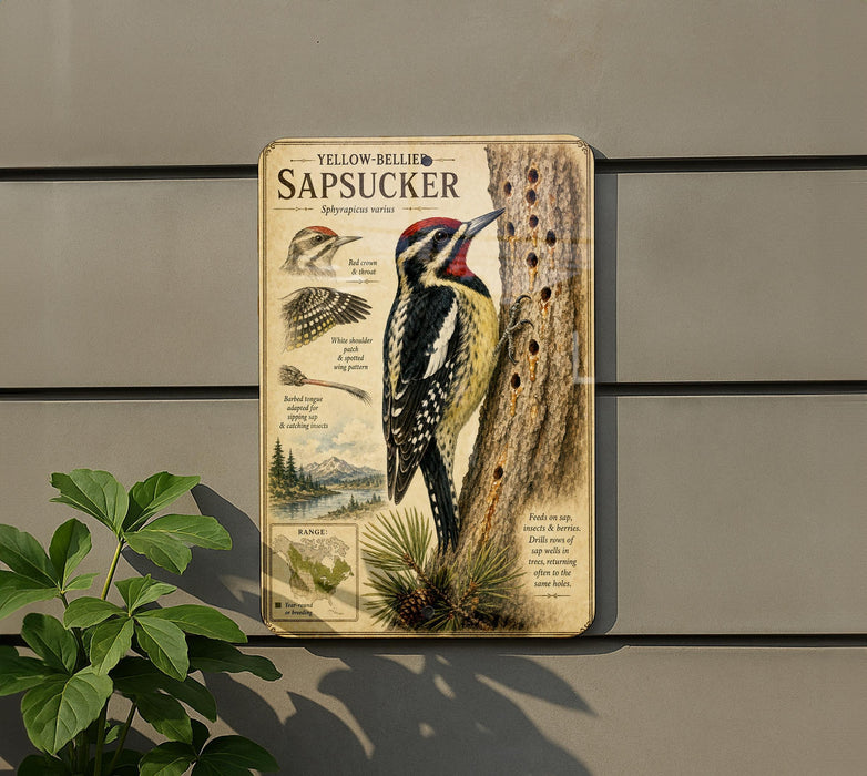a detailed illustration of a yellow-bellied sapsucker, a type of woodpecker, perched on a tree trunk. The illustration includes various bird species and their habitats, providing a comprehensive visual representation of the bird's natural environment.