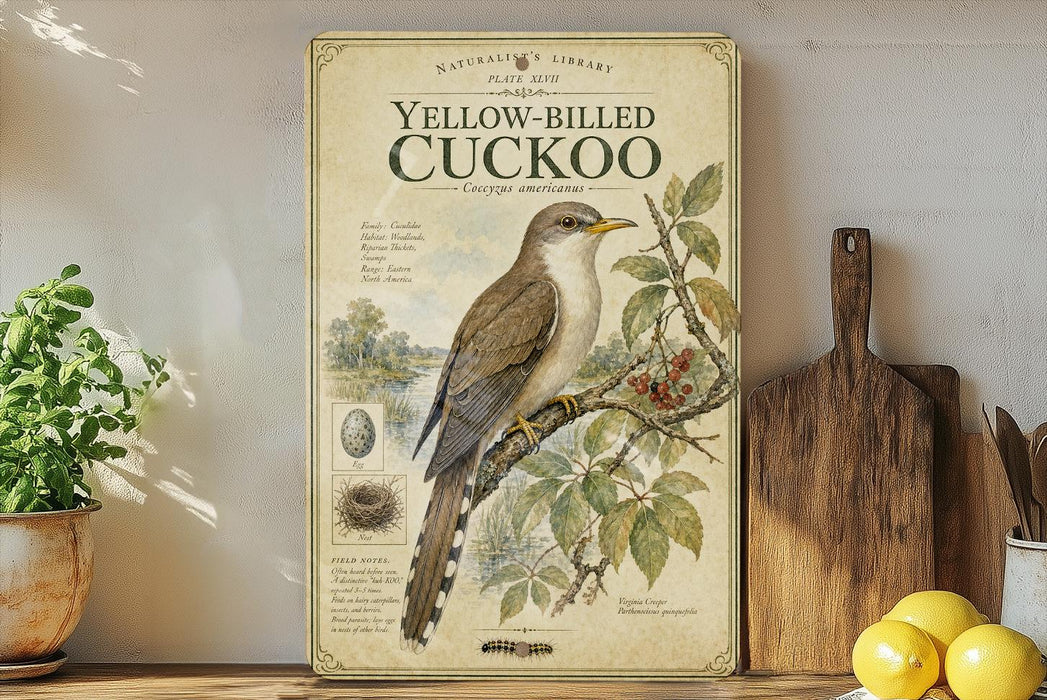 a vintage-style poster of a yellow-billed cuckoo bird on a branch, displayed on a shelf next to a wooden cutting board and some potted plants.