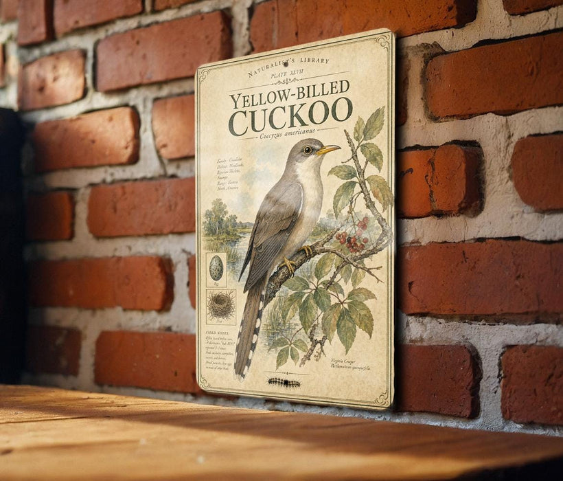A vintage-style metal plaque with an illustration of a yellow-billed cuckoo bird on a branch, mounted on a brick wall.