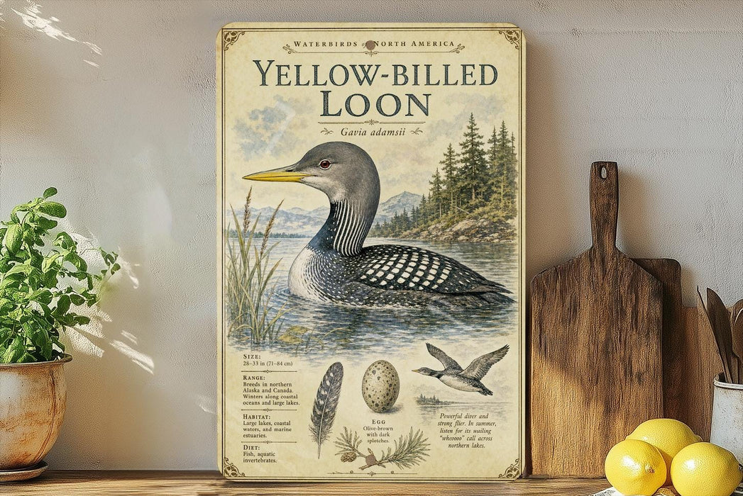 A vintage-style poster of a yellow-billed loon, featuring illustrations of the bird and its natural habitat, is displayed on a shelf next to a wooden cutting board and some potted plants.