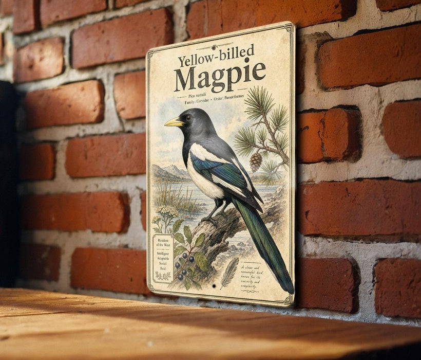 A vintage-style metal sign featuring a detailed illustration of a yellow-billed magpie perched on a branch, with text describing the bird's features and habitat.