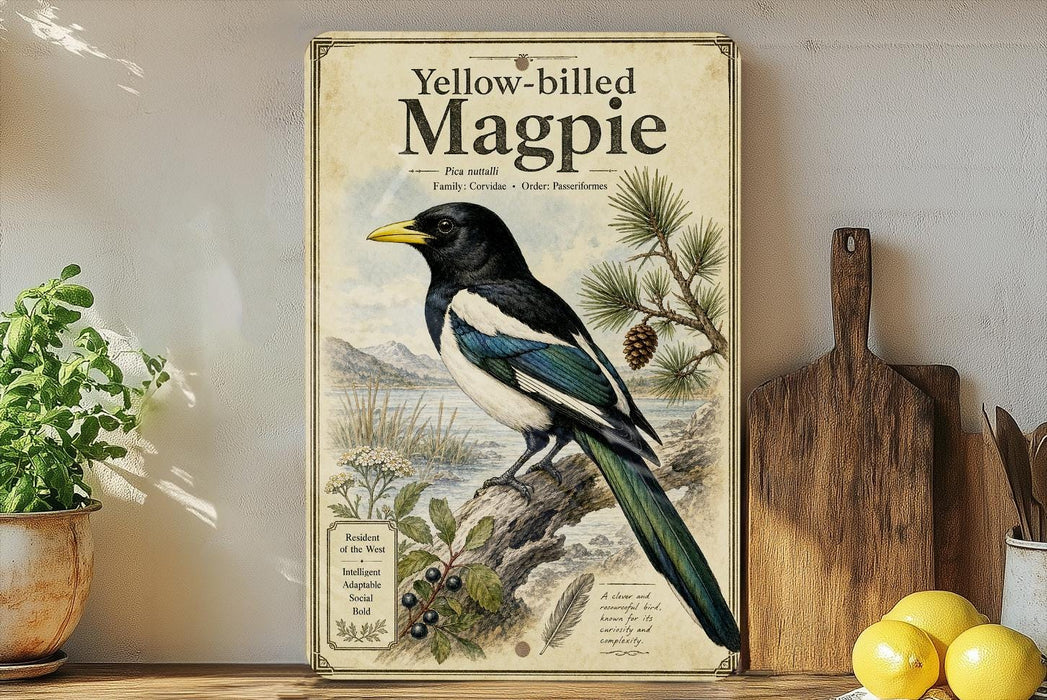 A vintage-style poster of a yellow-billed magpie is displayed on a shelf, accompanied by a potted plant, a wooden cutting board, and some lemons.
