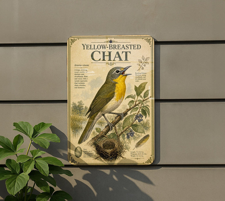 A vintage-style metal sign with a detailed illustration of a yellow-breasted chat bird perched on a branch, surrounded by foliage and a nest.
