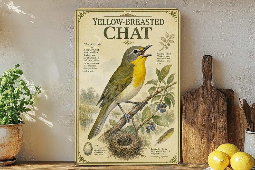 A vintage-style poster of a yellow-breasted chat bird is displayed on a shelf, accompanied by a wooden cutting board and a potted plant.