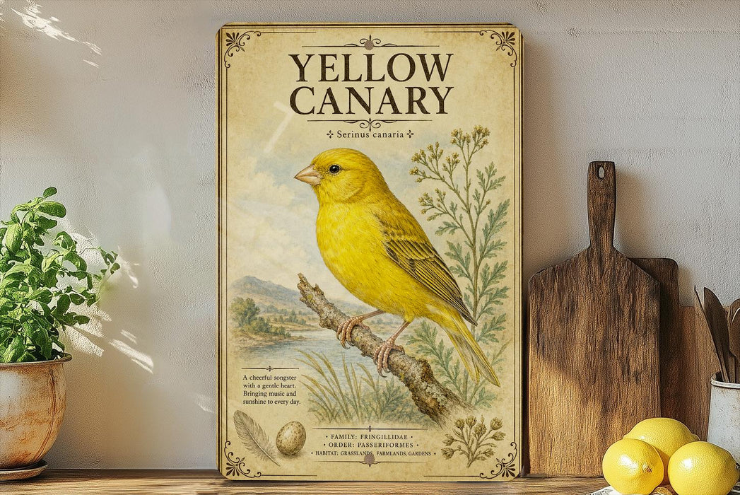 A vintage-style poster of a yellow canary is displayed on a wall, surrounded by kitchen utensils and a potted plant.