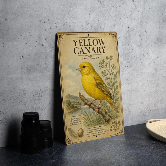 A vintage-style poster of a yellow canary is displayed on a gray wall, accompanied by a stack of black camera lenses and a white dish.