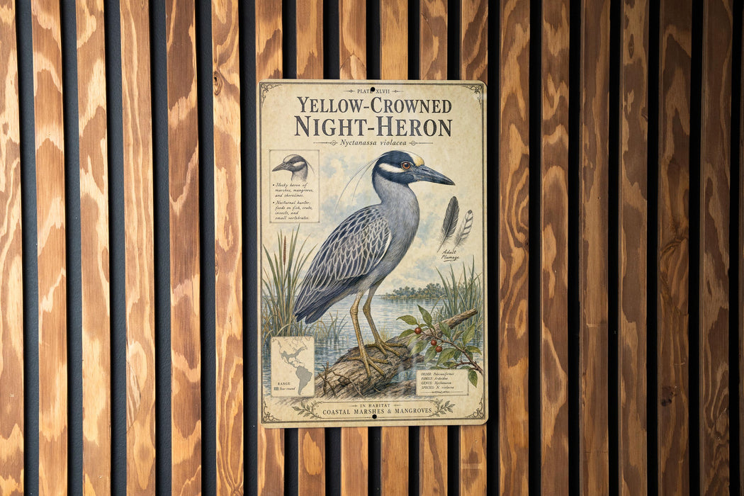 A vintage-style illustration of a yellow-crowned night-heron, a bird species known for its distinctive yellow crown and black head, is displayed on a wooden wall.