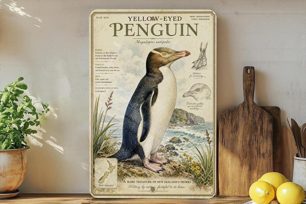 A vintage-style poster of a yellow-eyed penguin is displayed on a shelf, accompanied by a wooden cutting board and a potted plant.