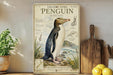 A vintage-style poster of a yellow-eyed penguin is displayed on a shelf, accompanied by a wooden cutting board and a potted plant.