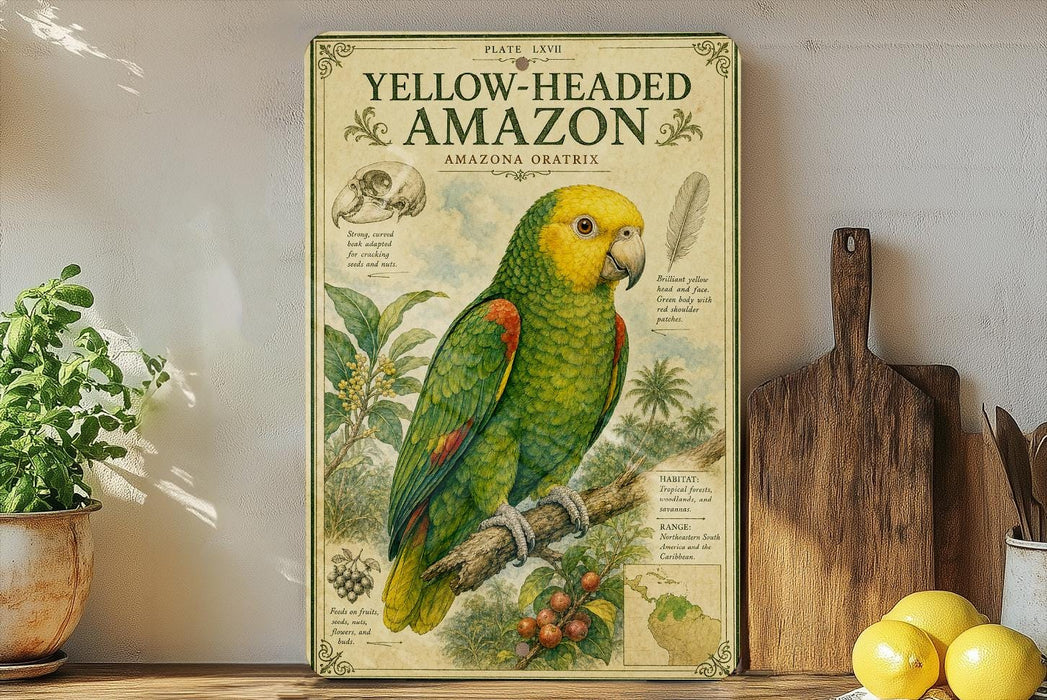 a vintage-style poster of a yellow-headed Amazon parrot, displayed on a shelf next to a wooden cutting board and a potted plant.