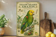 a vintage-style poster of a yellow-headed Amazon parrot, displayed on a shelf next to a wooden cutting board and a potted plant.