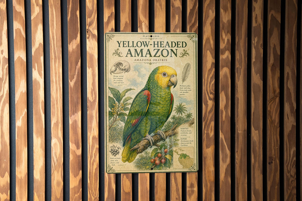 a poster of a yellow-headed Amazon parrot, which is a brightly colored bird native to the Amazon rainforest.