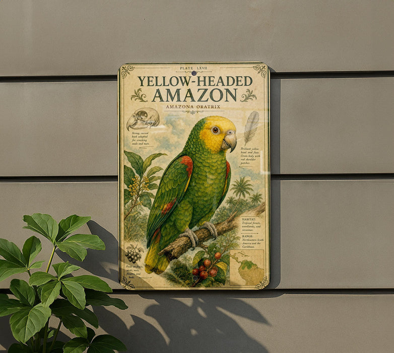 a vintage-style illustration of a yellow-headed Amazon parrot perched on a branch, surrounded by tropical foliage.