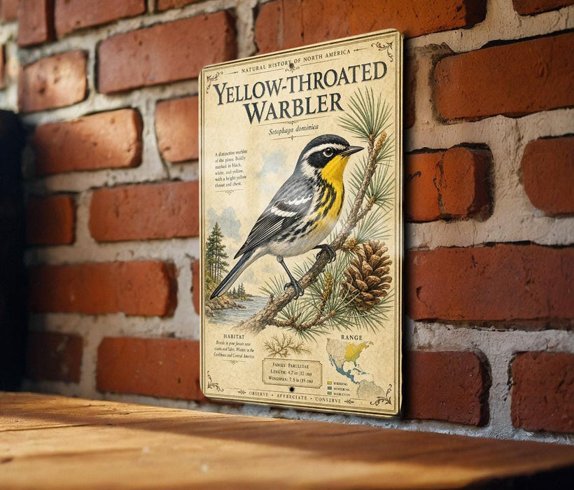 A vintage-style poster of a yellow-throated warbler, a bird species native to North America, is displayed on a brick wall.