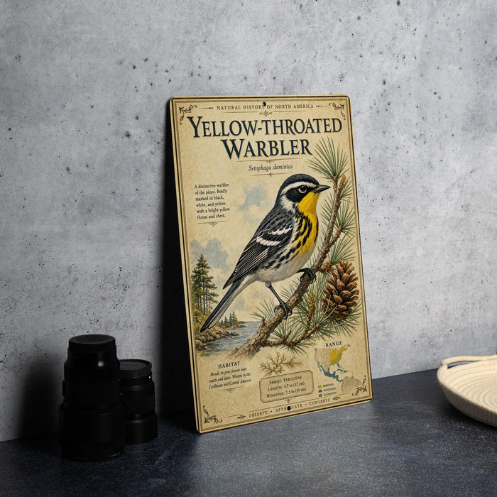 A vintage-style book or magazine cover titled "Yellow-Throated Warbler" featuring an illustration of a yellow-and-black warbler perched on a pine branch.