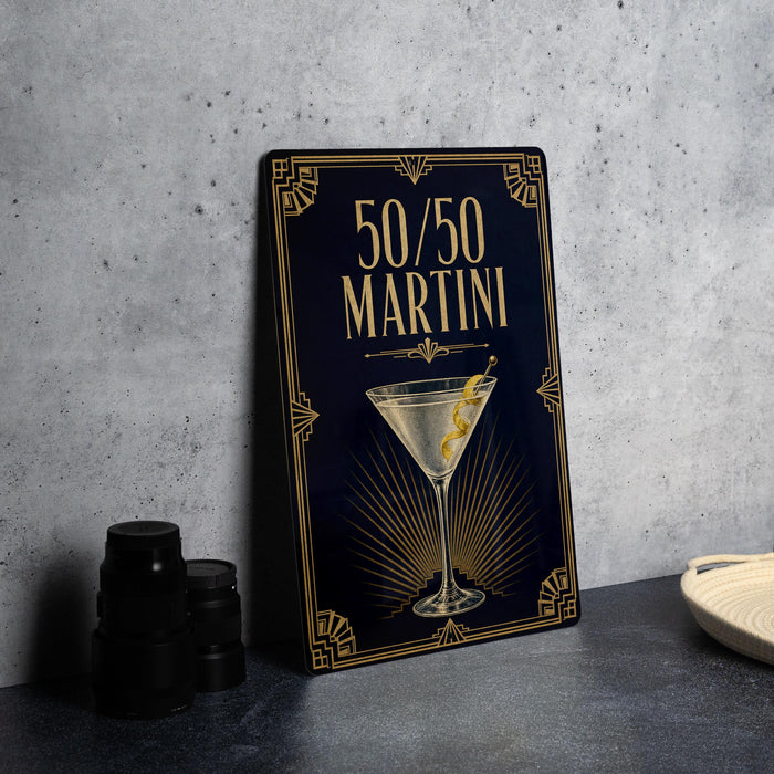 A sign with the text "50/50 Martini" and an illustration of a martini glass with a lemon twist.