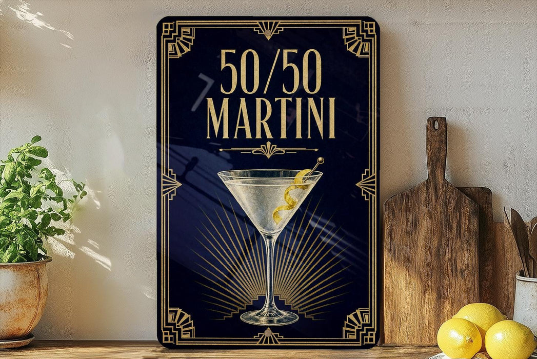 A framed poster with the text "50/50 martini" and an illustration of a martini glass with a lemon twist.