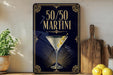 A framed poster with the text "50/50 martini" and an illustration of a martini glass with a lemon twist.
