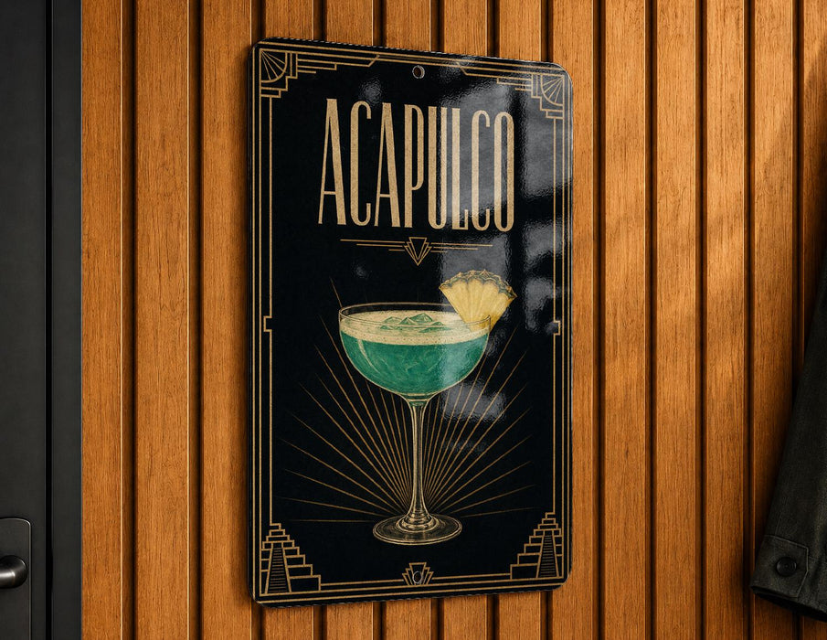 A sign for "Acapulco" cocktail is displayed on a wooden wall.