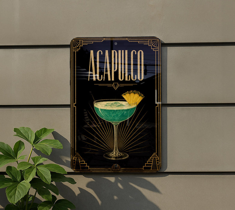 a sign for a cocktail called "Acapulco" with a picture of a cocktail on it.