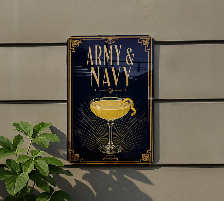 A sign with the text "ARMY & NAVY" and an illustration of a cocktail glass, mounted on a wall.