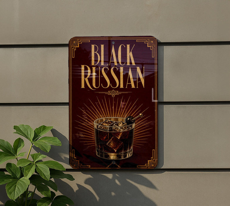 a sign that reads "Black Russian" with an illustration of a glass of Black Russian cocktail.