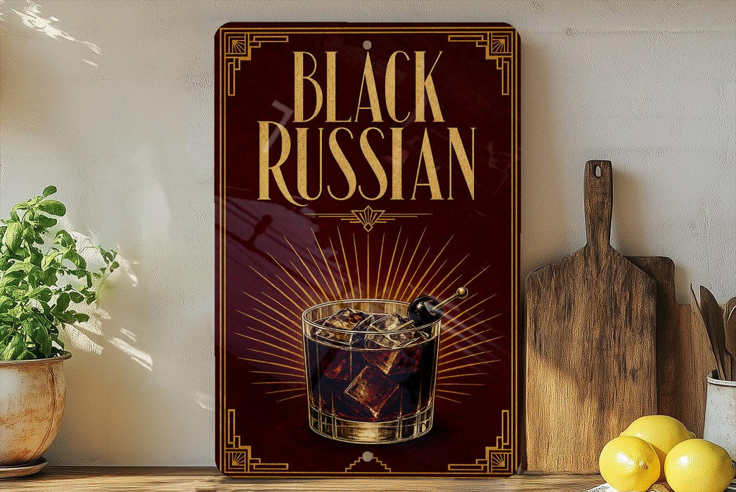 a sign with the text "Black Russian" and an illustration of a glass of Black Russian cocktail.