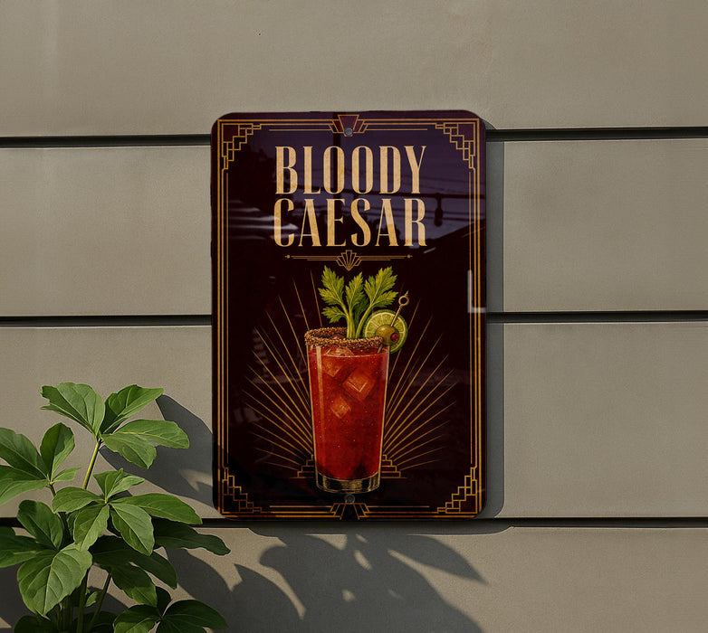 A sign for "Bloody Caesar" cocktail is displayed on a wall, featuring an illustration of a red drink with a garnish and a lime wedge.