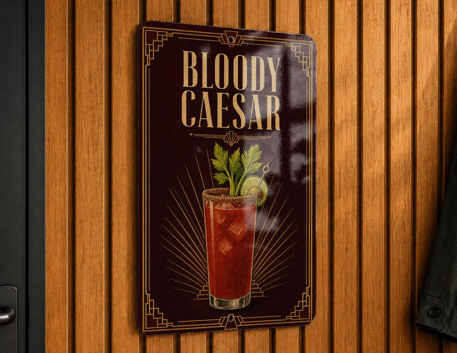 A sign for a Bloody Caesar cocktail is displayed on a wooden wall.