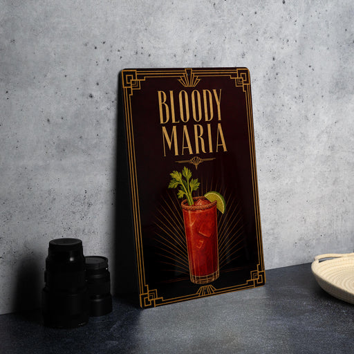 A framed illustration of a Bloody Maria cocktail on a dark background, with a decorative border and text.