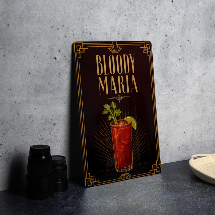 A framed illustration of a Bloody Maria cocktail on a dark background, with a decorative border and text.
