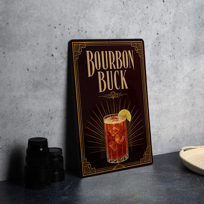 A metal sign with the text "BOURBON BUCK" and an illustration of a cocktail with ice and a lime on a dark background.