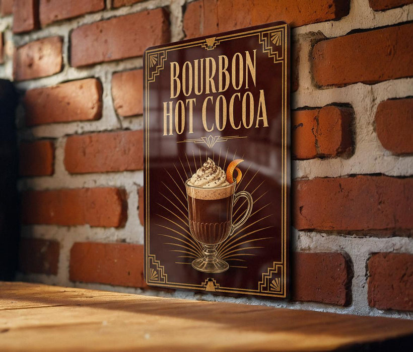A sign for "Bourbon Hot Cocoa" is displayed on a brick wall, featuring an illustration of a hot chocolate drink with whipped cream.