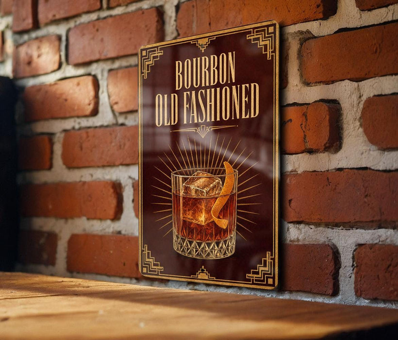 A sign with the text "BOURBON OLD FASHIONED" and an illustration of a cocktail glass with an orange peel.