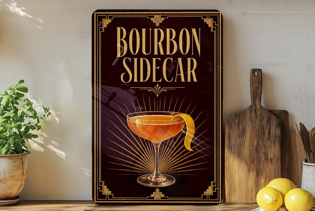 A decorative sign for a bourbon cocktail, featuring an illustration of a cocktail glass with a lemon peel, placed on a wooden surface next to a cutting board and some lemons.