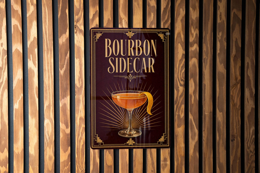 A sign for "Bourbon Sidecar" is displayed on a wooden wall.