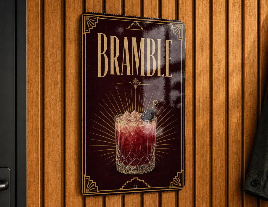 A sign for "Bramble" cocktail hanging on a wooden wall.