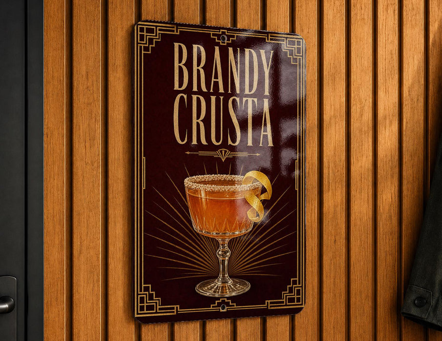 A sign for "Brandy Crusta" is displayed on a wooden wall.