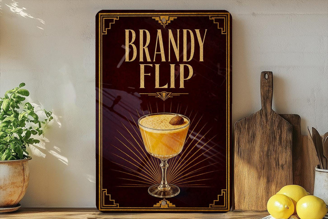 A dark wooden sign with a glass illustration of a cocktail, accompanied by the text "BRANDY FLIP" in a decorative font. The sign is displayed on a shelf, with a potted plant, a wooden cutting board, and some lemons nearby.