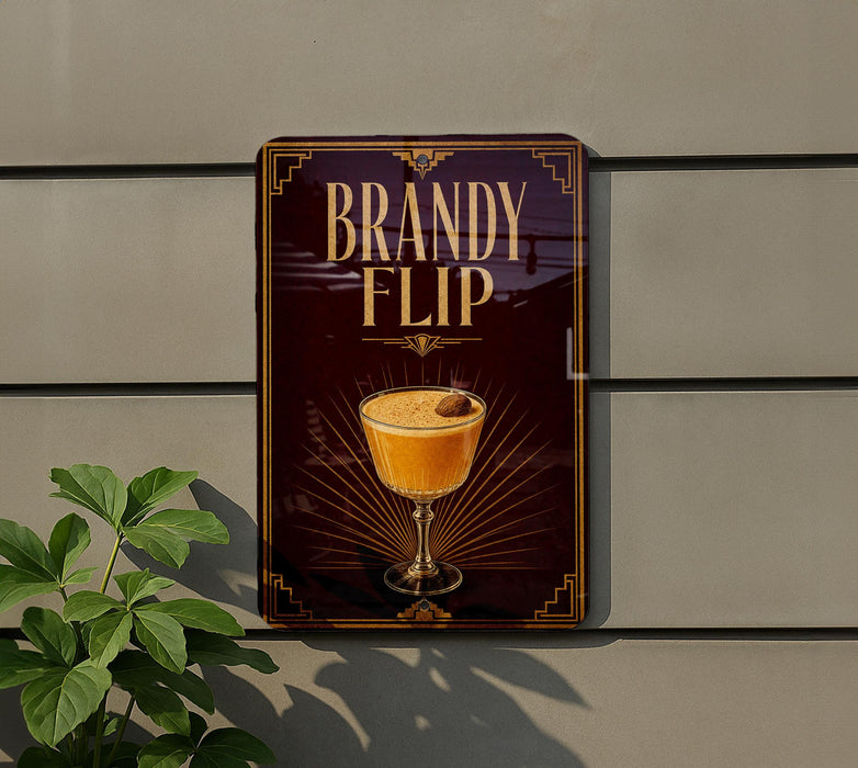 A sign for "Bandy Flip" is displayed on a wall, featuring an illustration of a cocktail glass with a garnish.