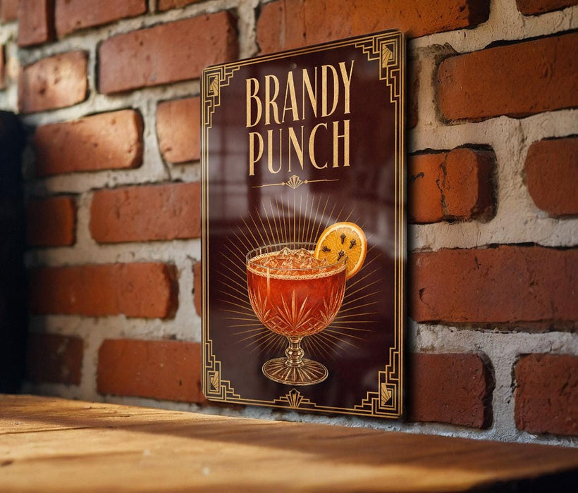 A sign for "Bandy Punch" is displayed on a brick wall, featuring an illustration of a glass containing a red-colored beverage with a slice of orange.