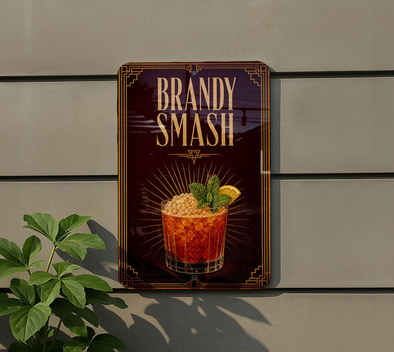 A sign for "Bandy Smash" cocktail is displayed on a wall, featuring an illustration of a cocktail glass with a garnish.