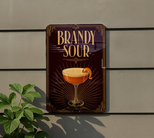 A sign for "Bandy Sour" cocktail is displayed on a wall, featuring an illustration of a cocktail glass with a lemon peel.