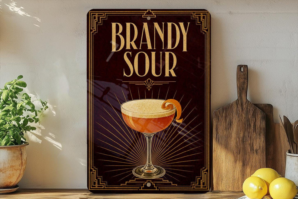 A decorative sign for a Brandy Sour cocktail, featuring an illustration of a glass with a lemon twist, placed on a wooden surface next to a cutting board and some lemons.