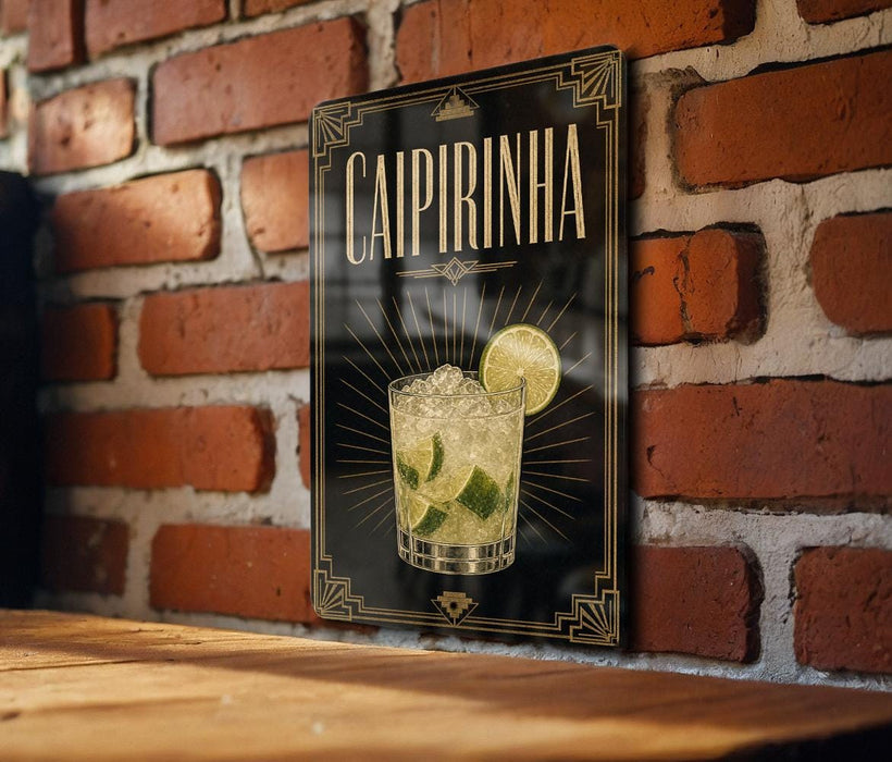 a sign with the name "CAIPIRÍNHÃO" and a cocktail illustration, hanging on a brick wall.