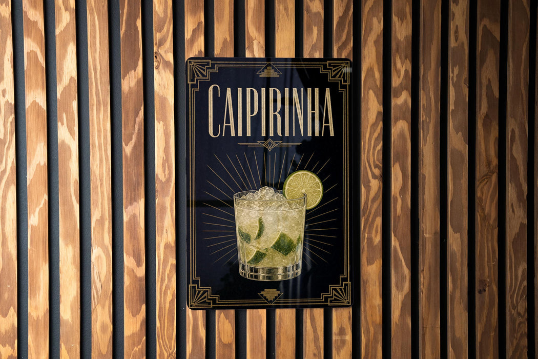 a sign for a Caipirinha cocktail, which is a type of tropical drink made with rum, lime, sugar, and ice.