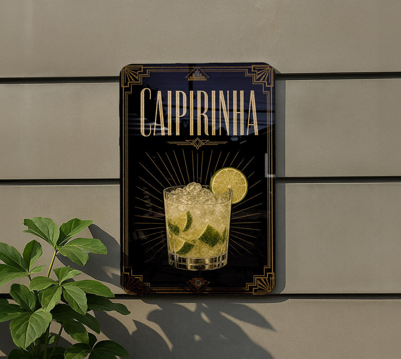a sign for a drink called "Caipirinha" with a glass illustration and a slice of lime.