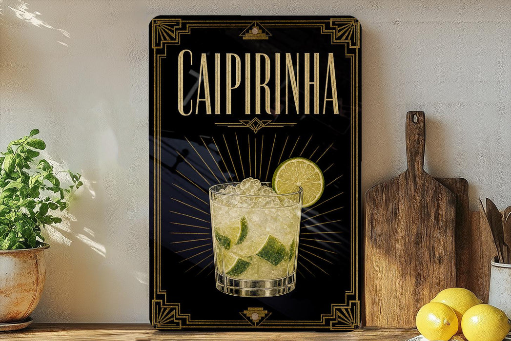 a decorative sign for a Caipiruna cocktail, with a glass of the drink and a lemon slice on the sign.