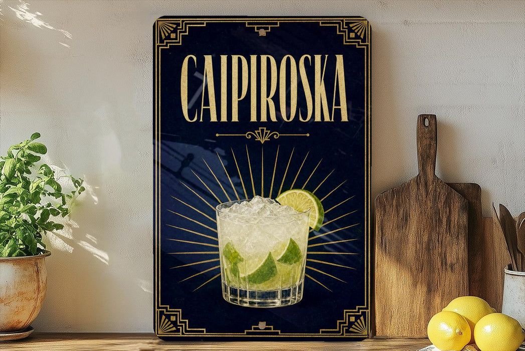 a decorative sign with the text "CAIPIROSKA" and an illustration of a cocktail glass with a lime slice. The sign is displayed on a wooden shelf, with a potted plant, a cutting board, and some lemons nearby.