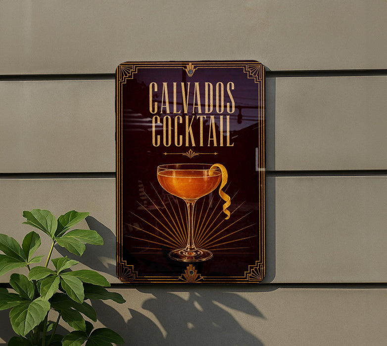 a sign for a cocktail called "Calvados Cocktail" with a glass illustration and a lemon peel.